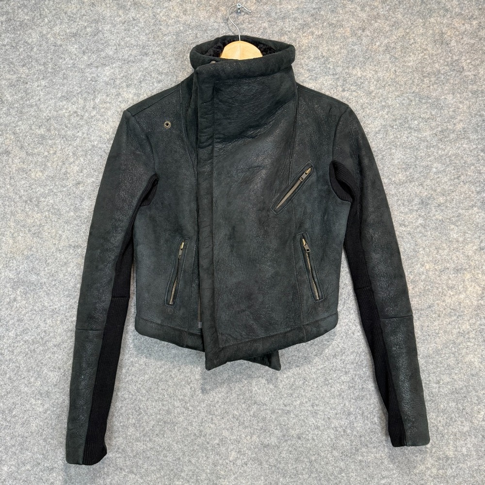 Veda 100% Shearling Leather Fur Moto Jacket Womens Small Motorcycle Designer Zip - Picture 6 of 16